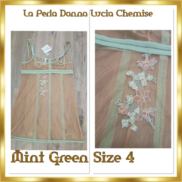 La Perla Donna Lucia Mint Green& Tan Floral Appliqué Sheer Chemise Slip RARE - Picture 3 of 4